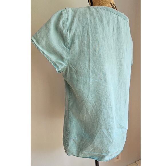 Boden 100% Linen Top Short Sleeve, Beaded Neckline, Turquoise , US Sz 6 - Picture 7 of 9